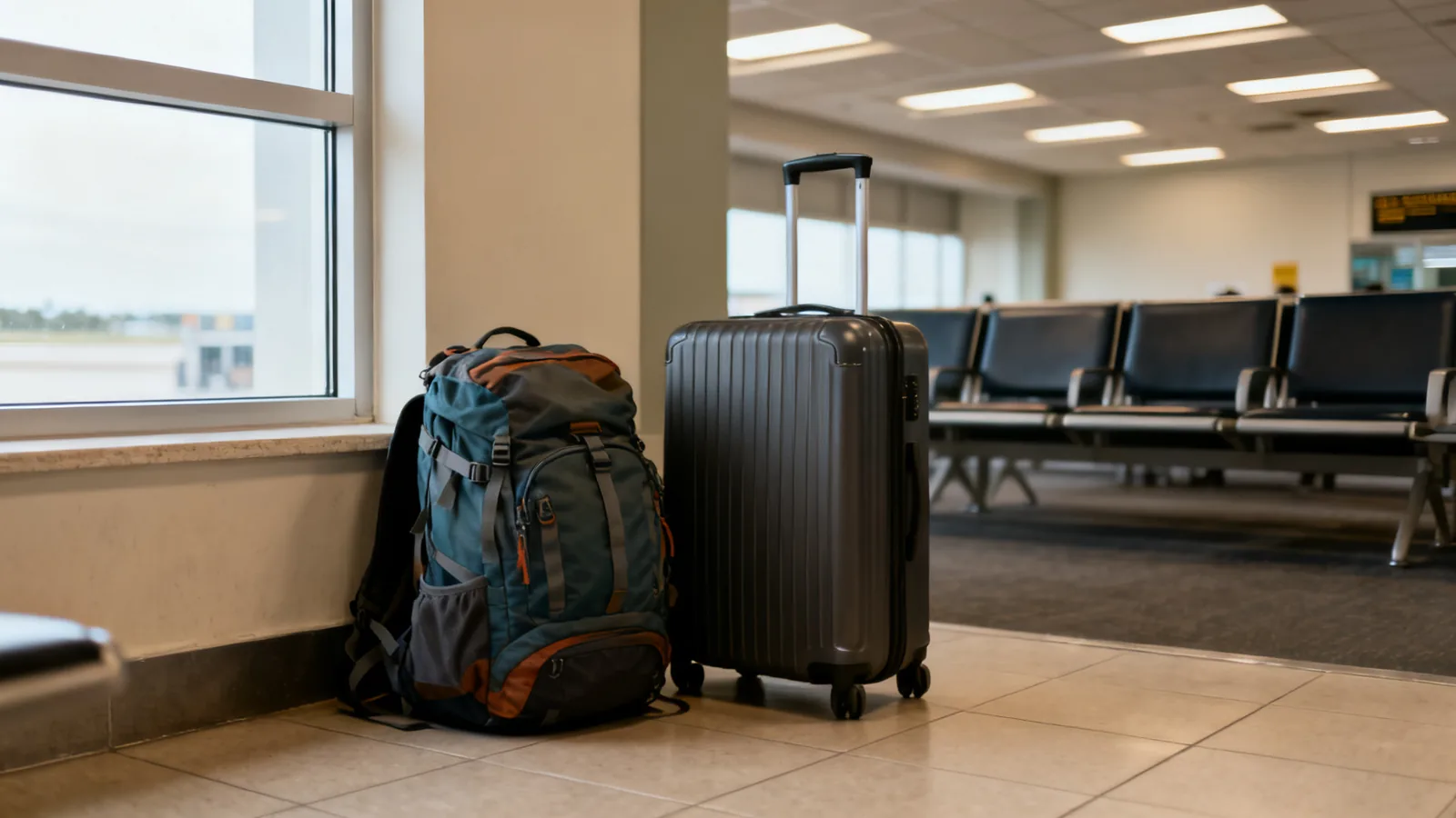 Backpack and suitcase in a generic airport waiting area