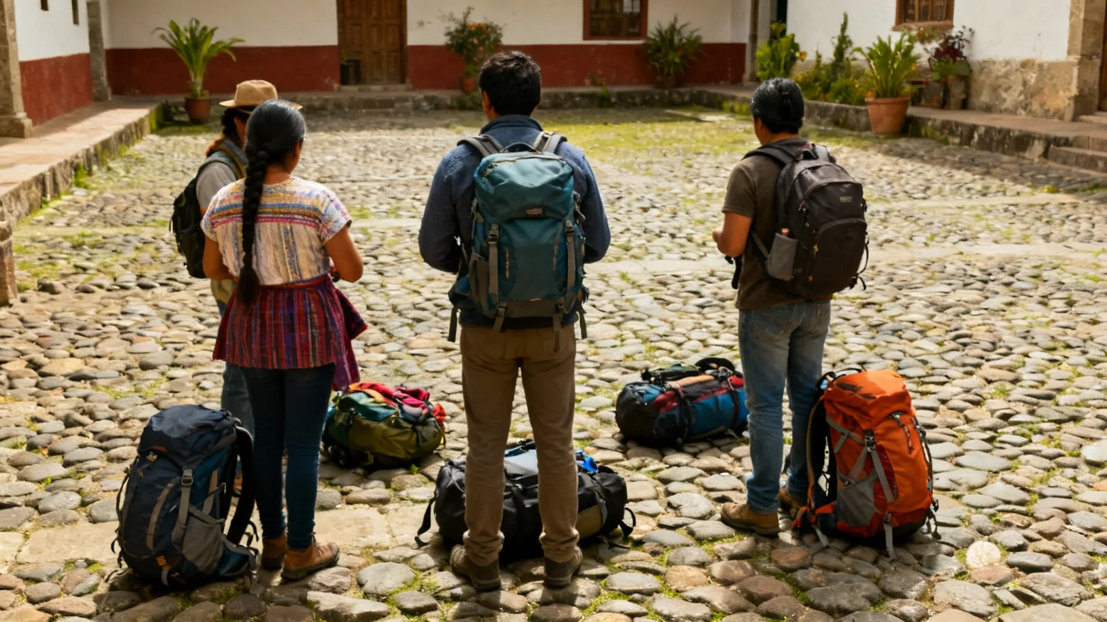 Travellers preparing day bags in a highland courtyard