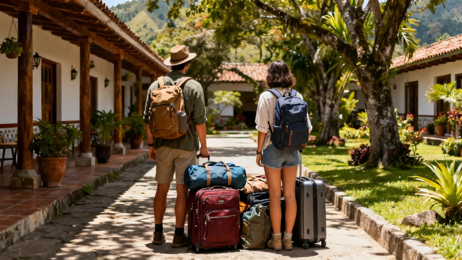 Travellers with bags in a generic highland courtyard