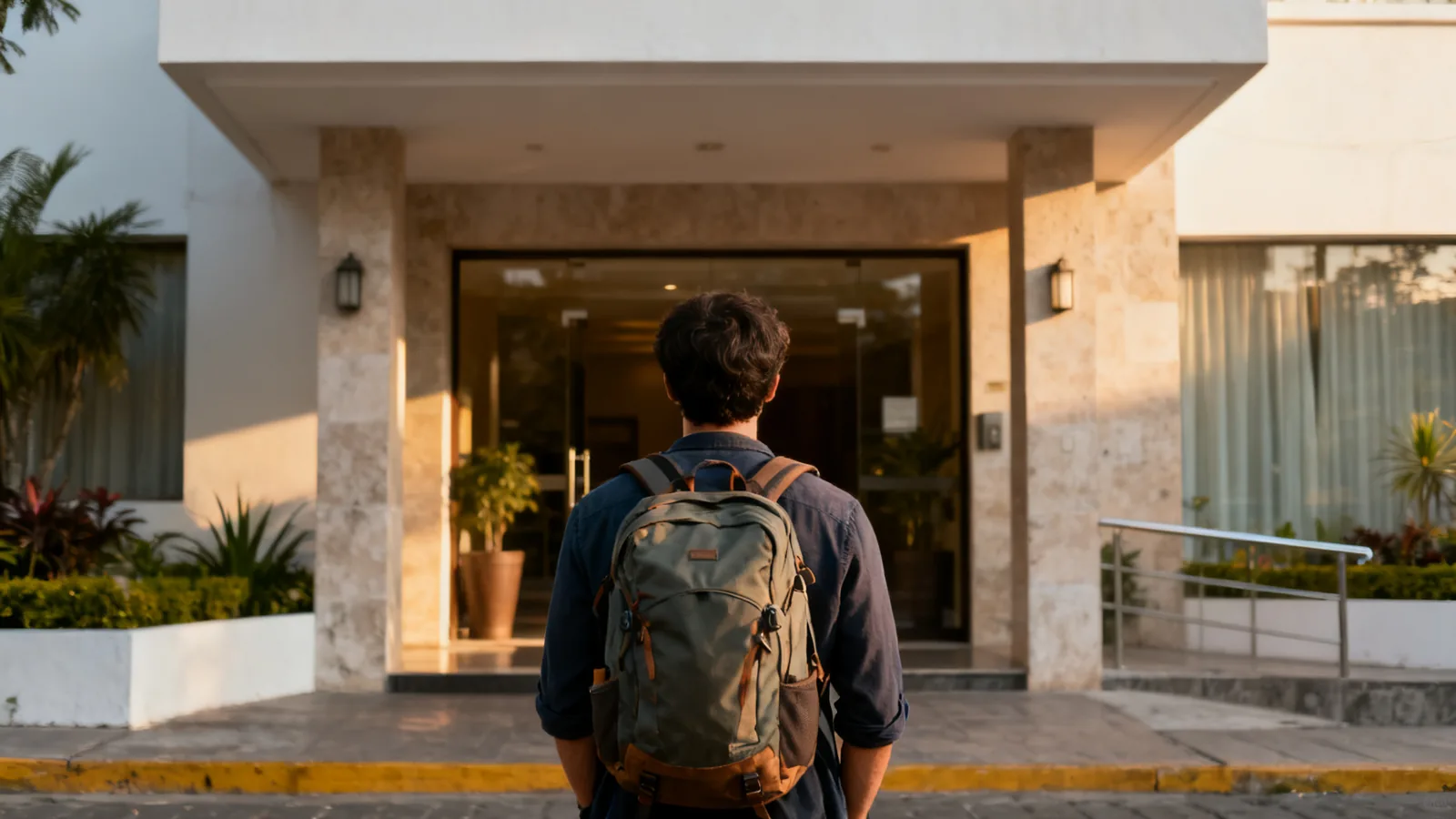 Traveller with a daypack waiting outside a city hotel