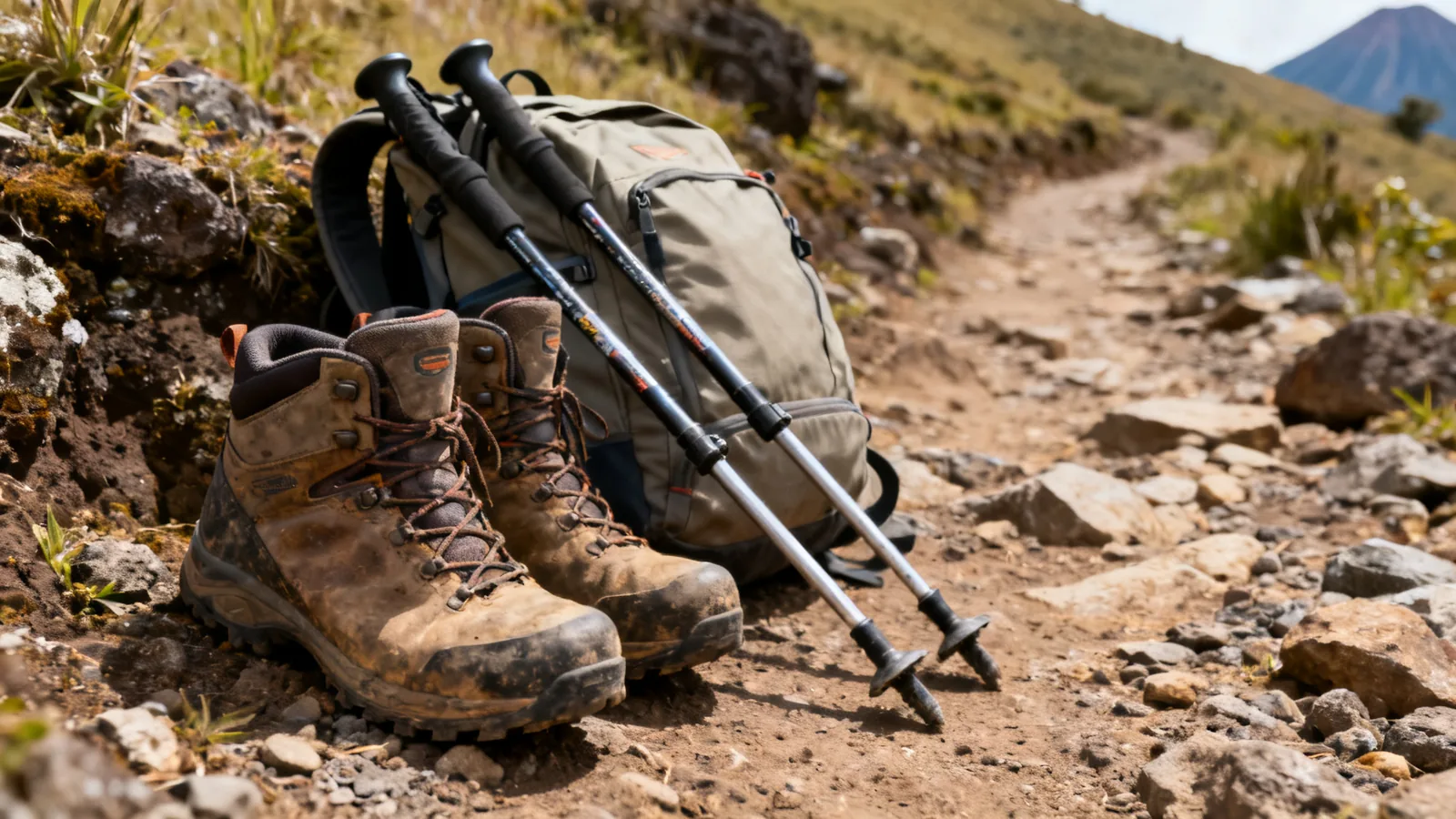 Walking boots and trekking poles on a generic rocky path
