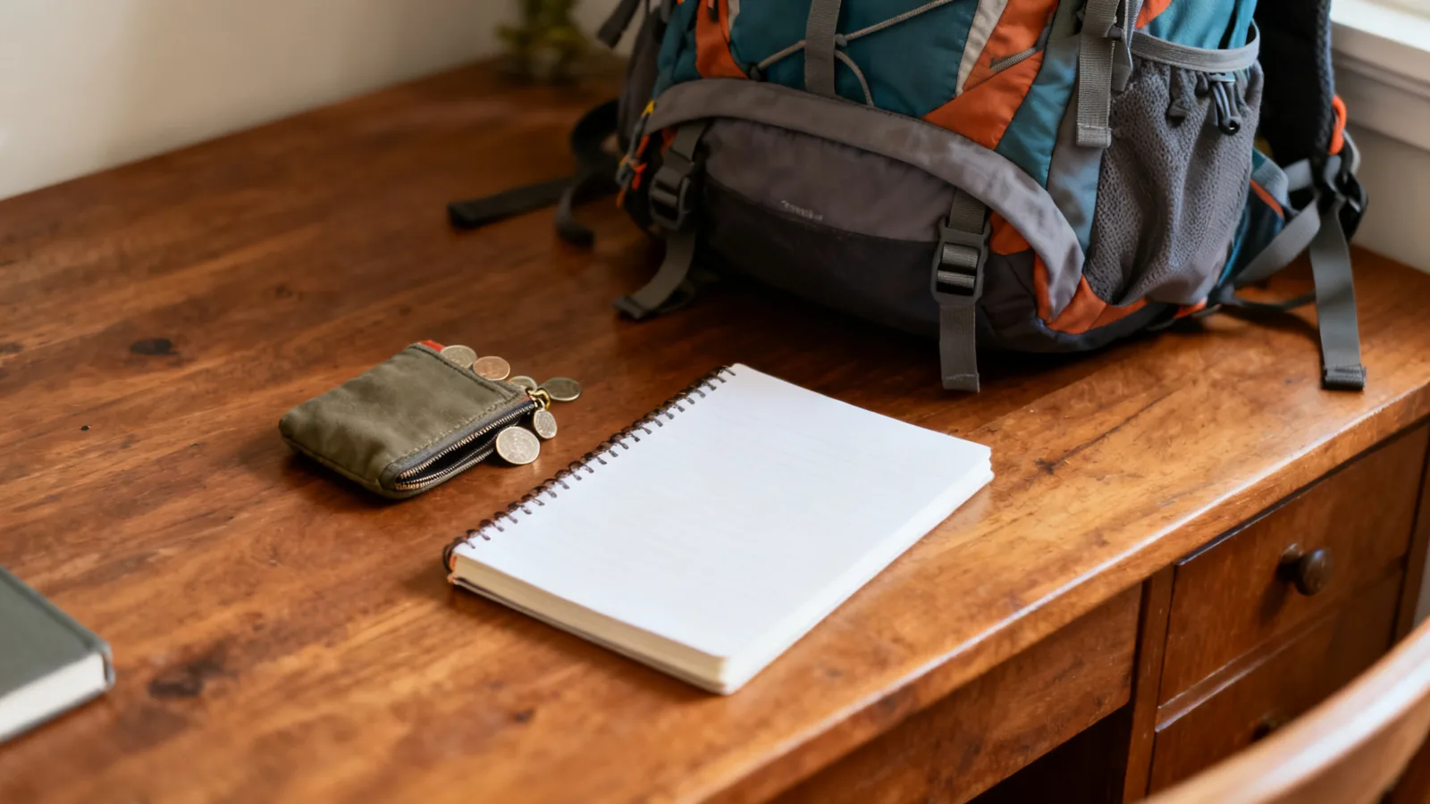 Travel wallet and plain budget notebook on a wooden table