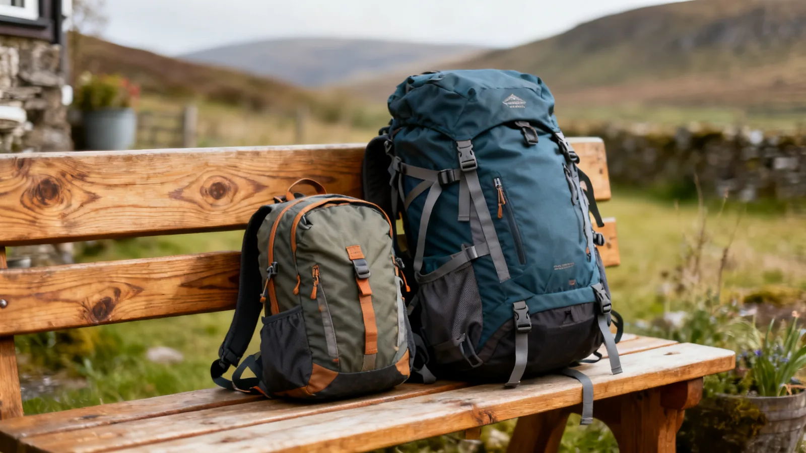 Daypack and overnight hiking pack side by side on a bench