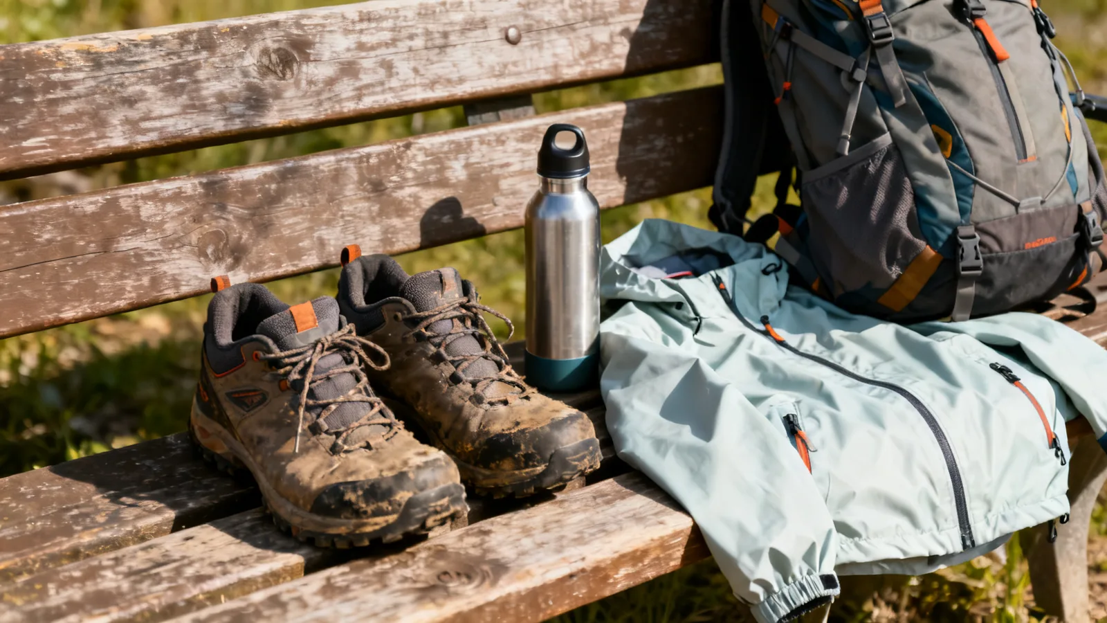 Daypack and walking equipment arranged on a wooden table