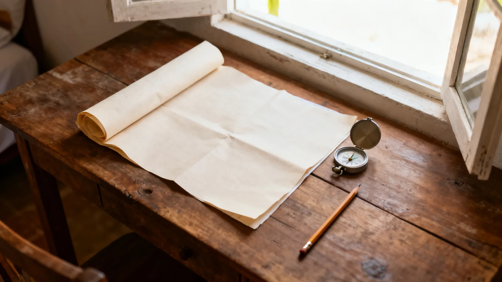 Compass, paper and pencil in a generic planning workspace