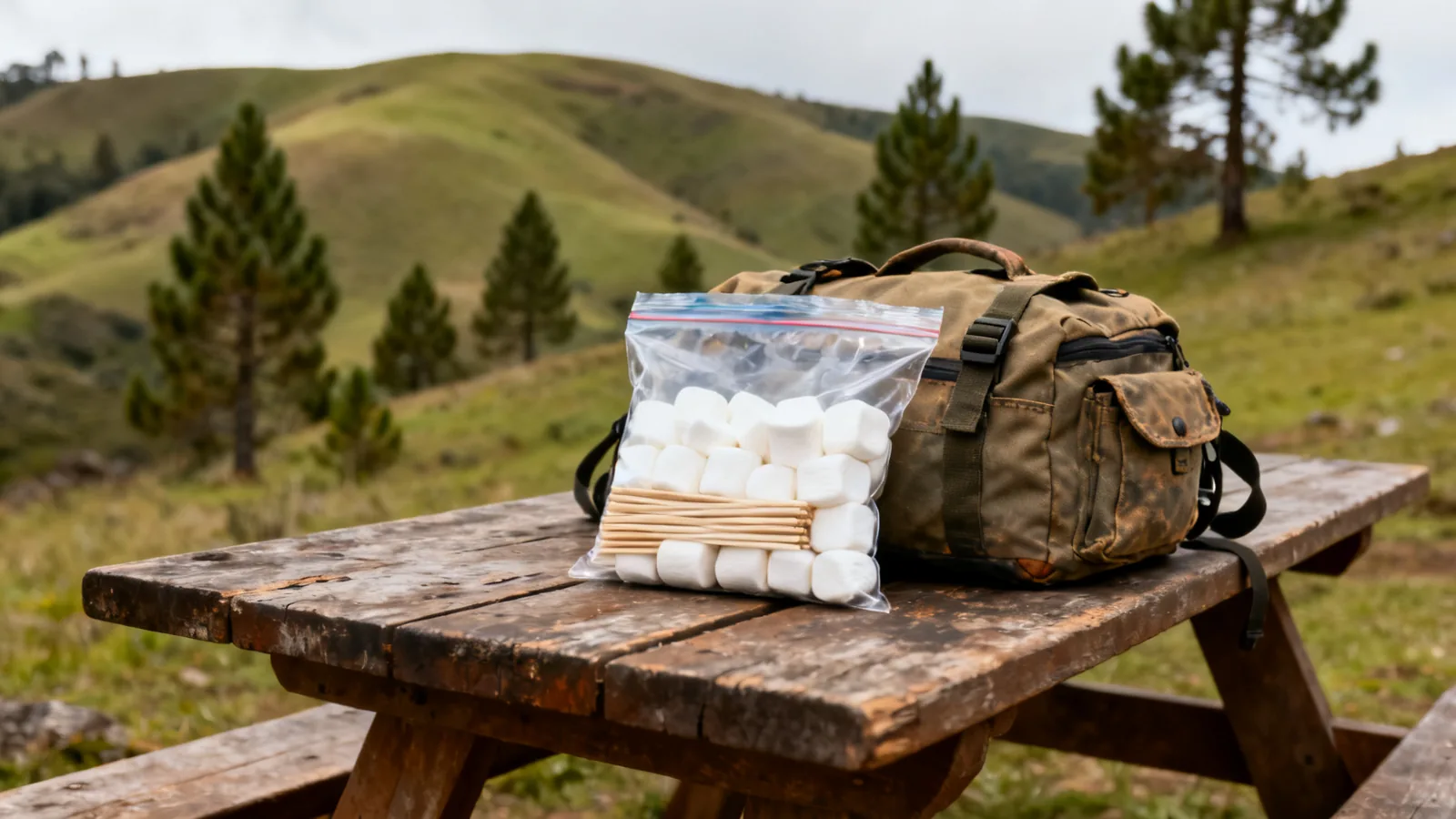 Bag of marshmallows and clean skewers on a picnic table beside a daypack