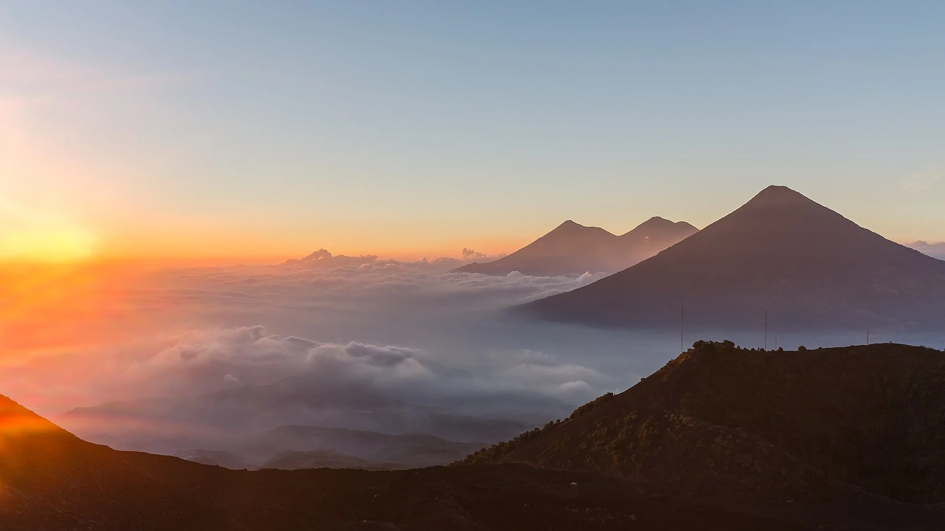 View towards Fuego, Acatenango and Agua from Pacaya