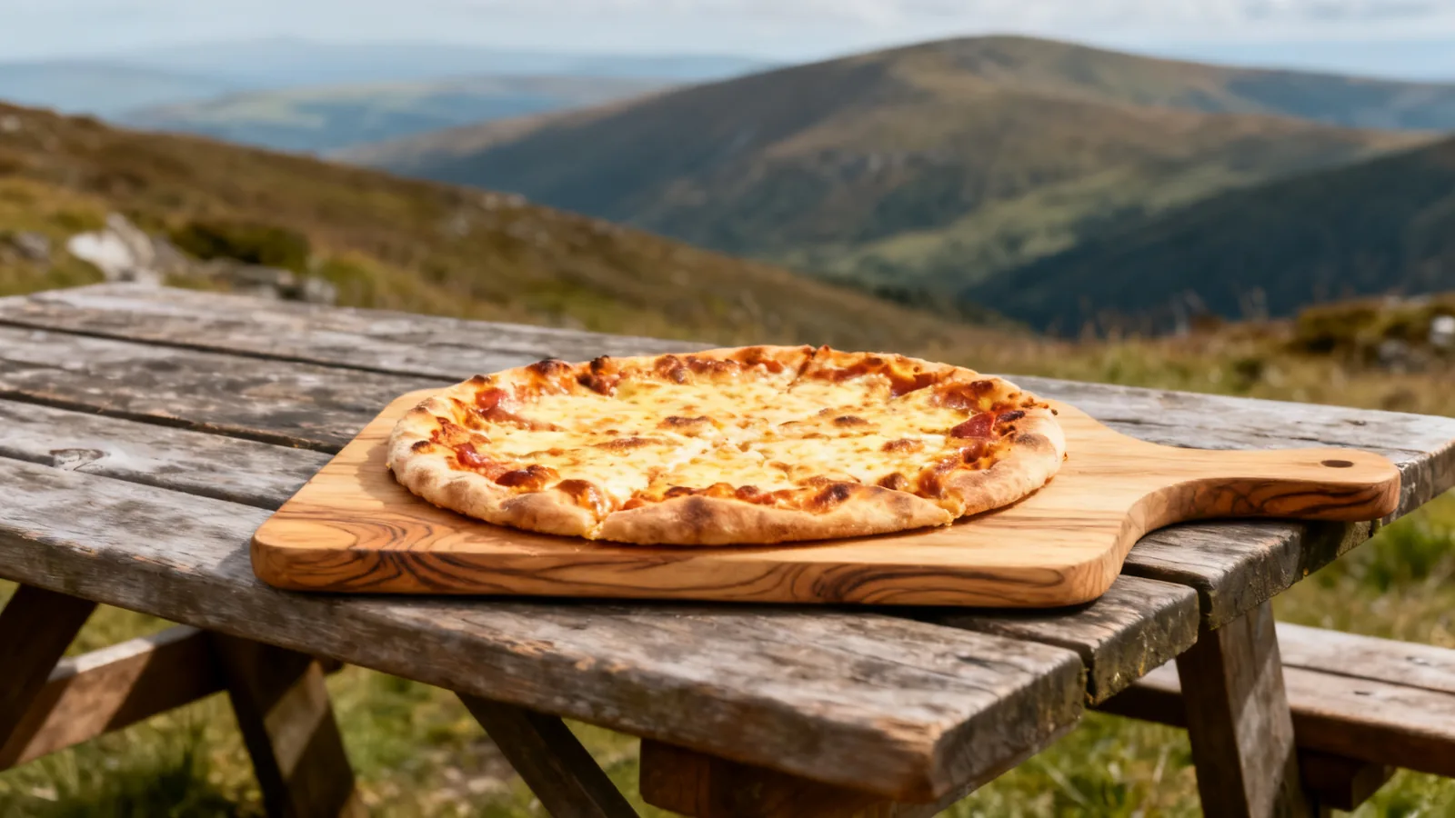 Pizza on a wooden board at a highland picnic table