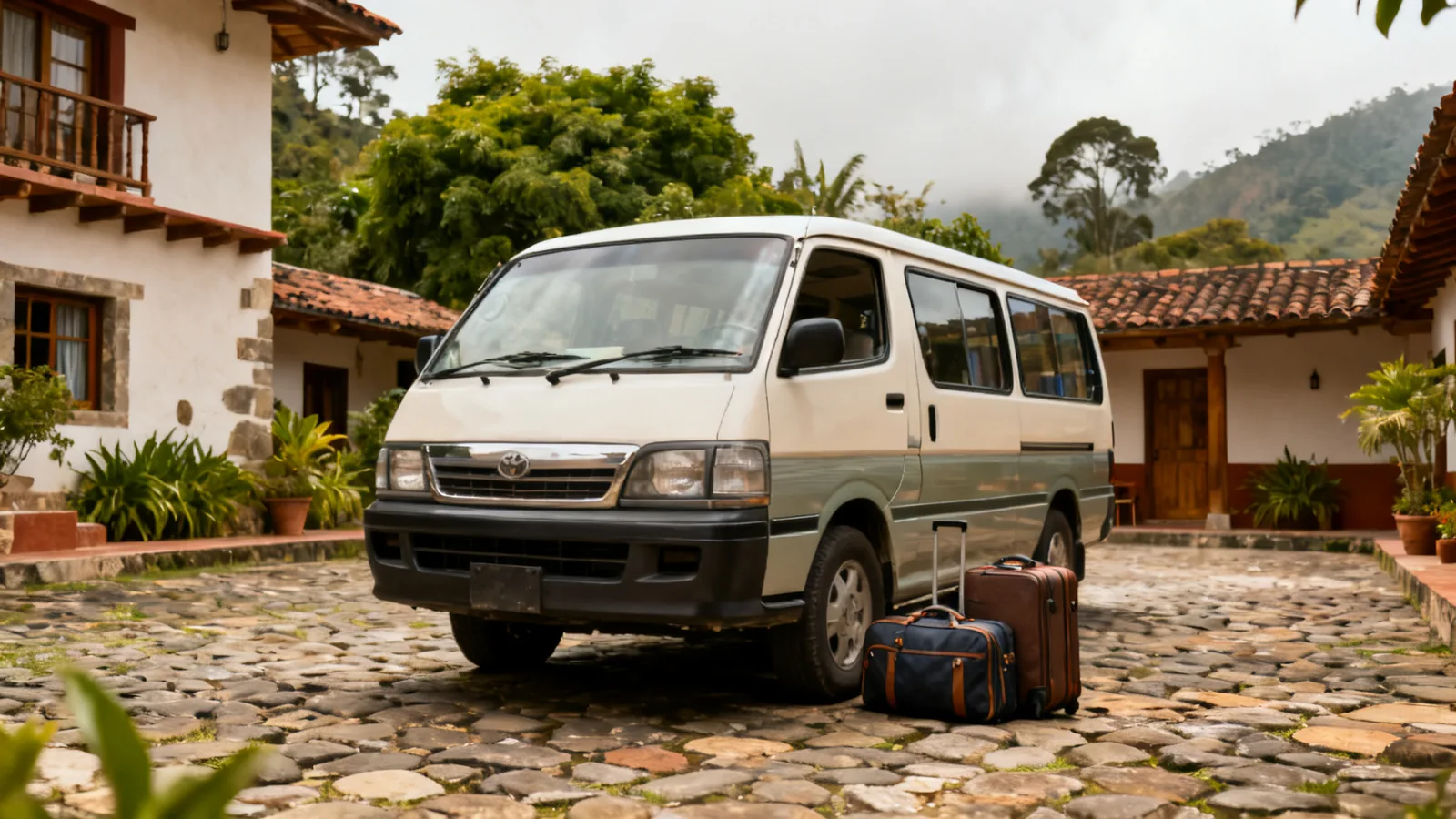 Unbranded passenger van parked beside luggage in a courtyard