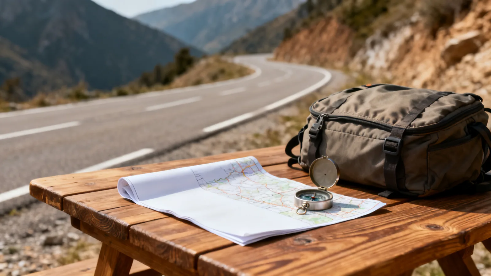 Blank map and compass on a table beside a generic road