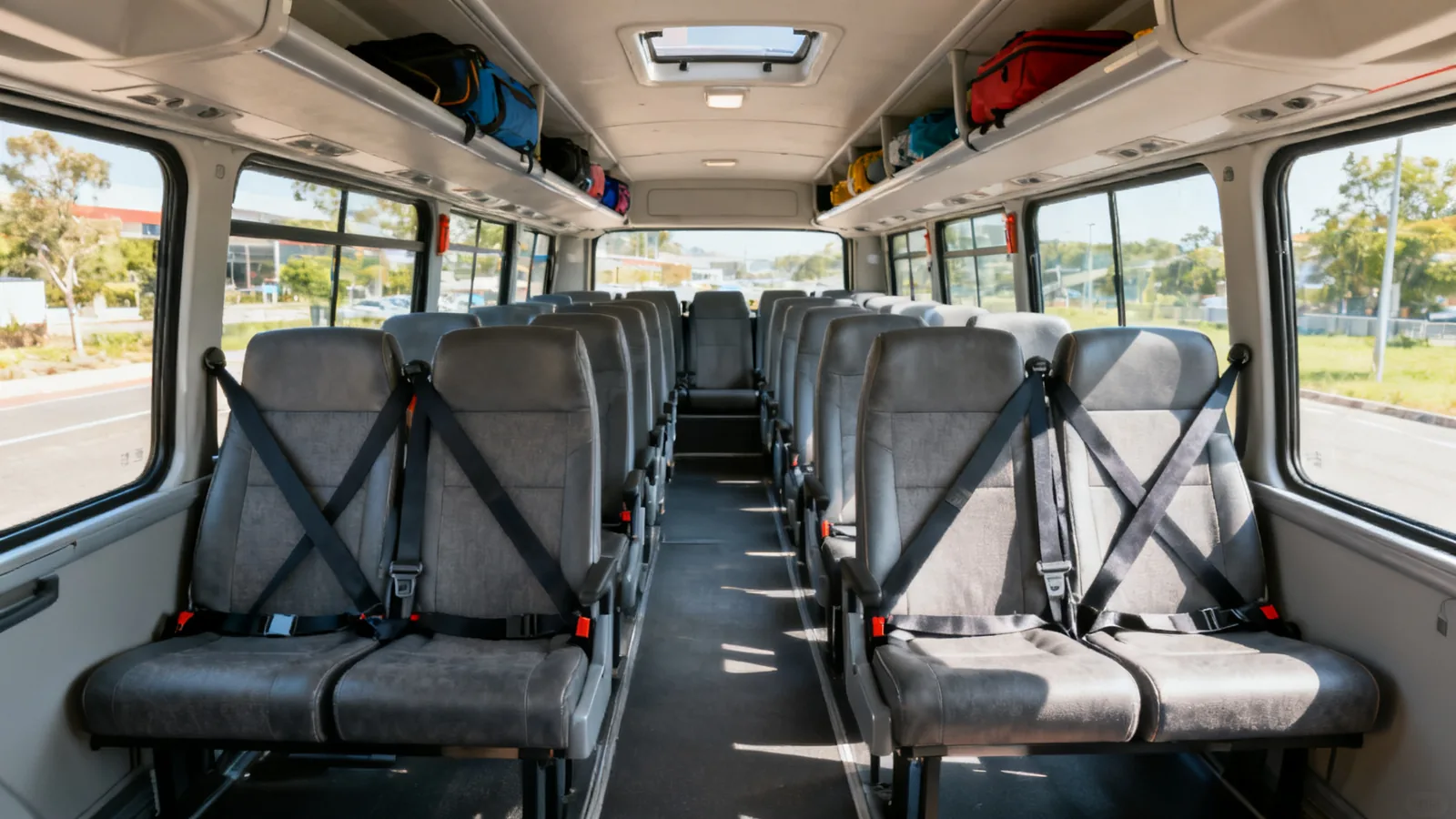 Empty seats and seatbelts in an unbranded minibus