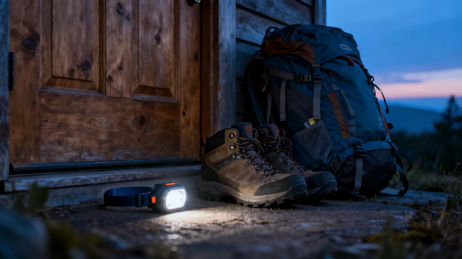 Packed bag and headlamp prepared for an early departure