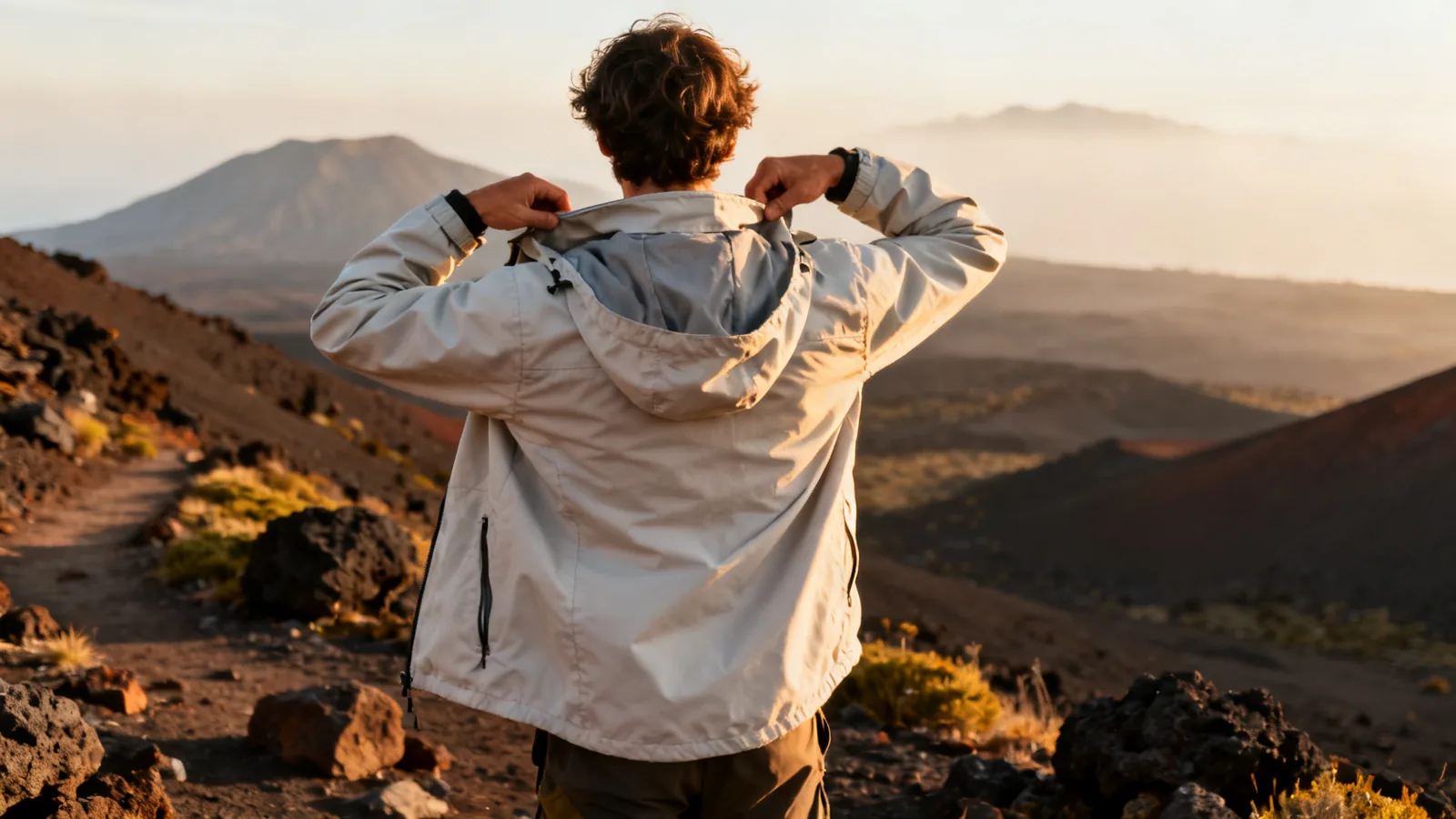 Warm walking layer and daypack at a generic late-day rest stop