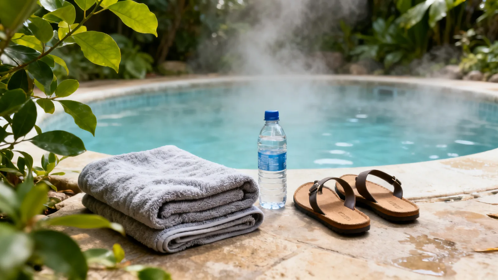Towel and sandals beside a generic bathing pool