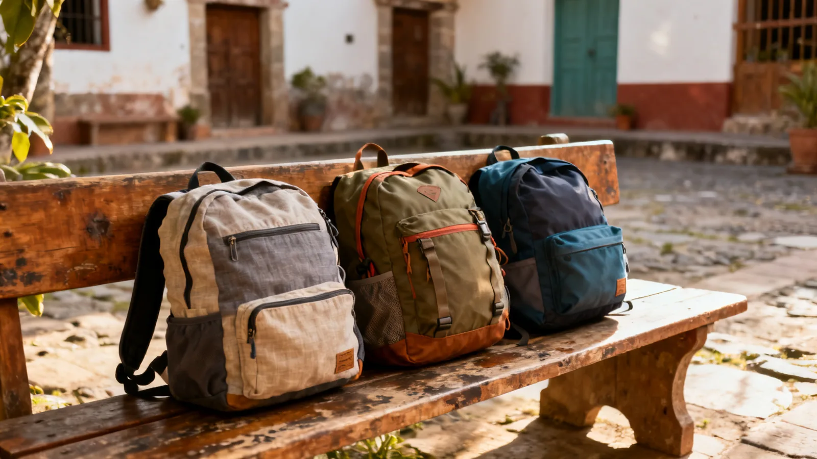 Packed day bags on a bench in a highland courtyard