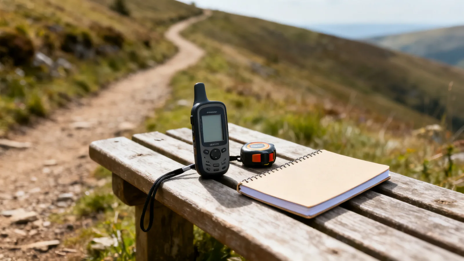 Unbranded route measurement equipment and notebook beside a generic trail