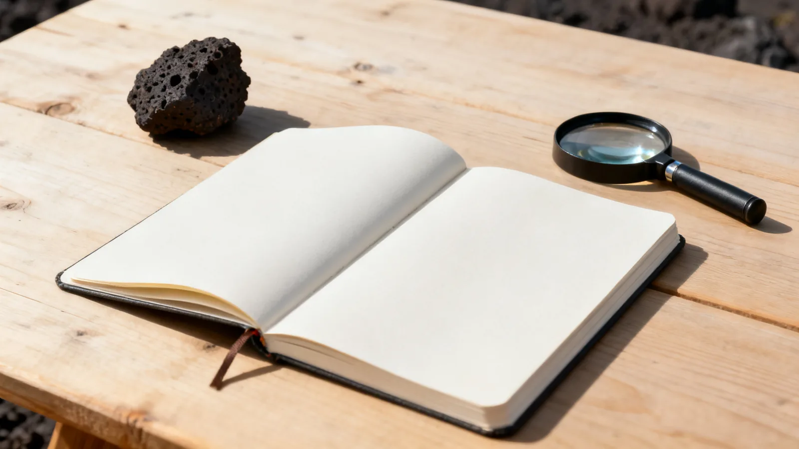 Notebook, hand lens and loose rock sample in a generic study setting